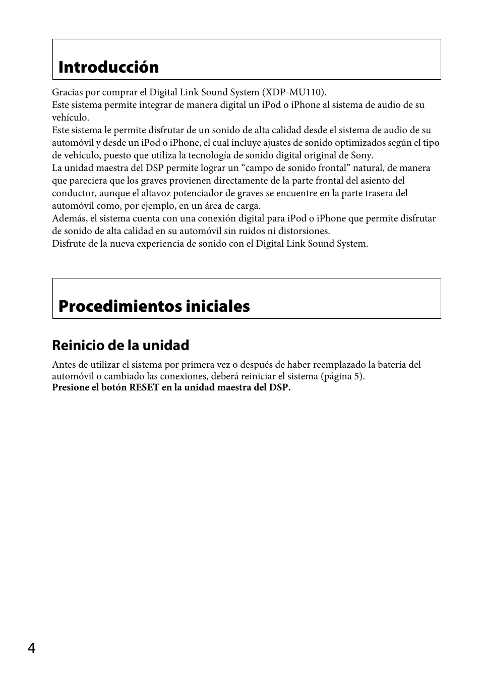 Introducción, Procedimientos iniciales, Reinicio de la unidad | Sony XDP-MU110 User Manual | Page 24 / 44