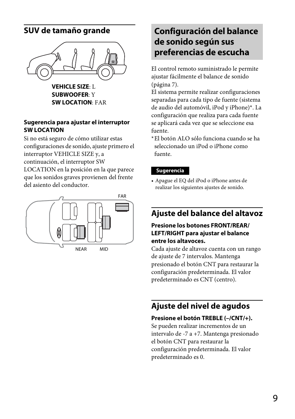 Suv de tamaño grande, Ajuste del balance del altavoz, Ajuste del nivel de agudos | Sony XDP-MU110 User Manual | Page 29 / 44