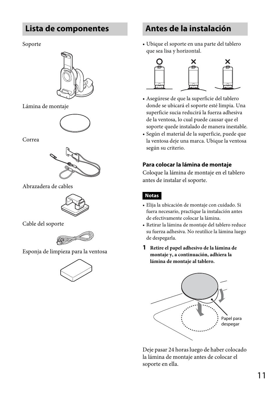 Lista de componentes, Antes de la instalación, Lista de componentes antes de la instalación | Sony XDP-MU110 User Manual | Page 31 / 44