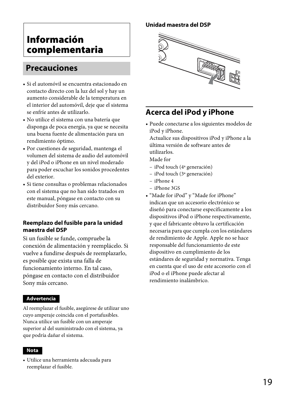 Información complementaria, Precauciones, Acerca del ipod y iphone | Sony XDP-MU110 User Manual | Page 39 / 44