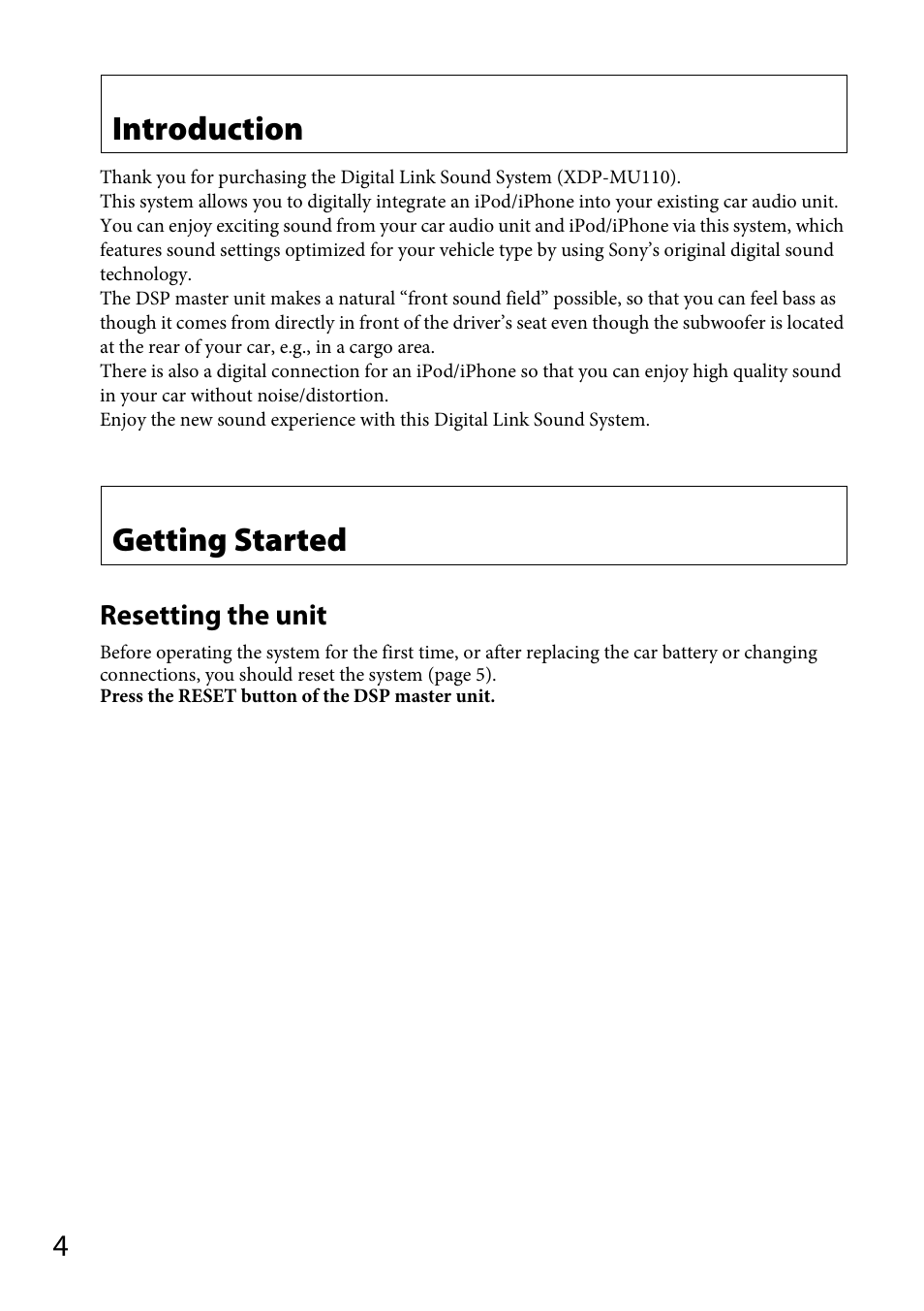 Introduction, Getting started, Resetting the unit | Sony XDP-MU110 User Manual | Page 4 / 44