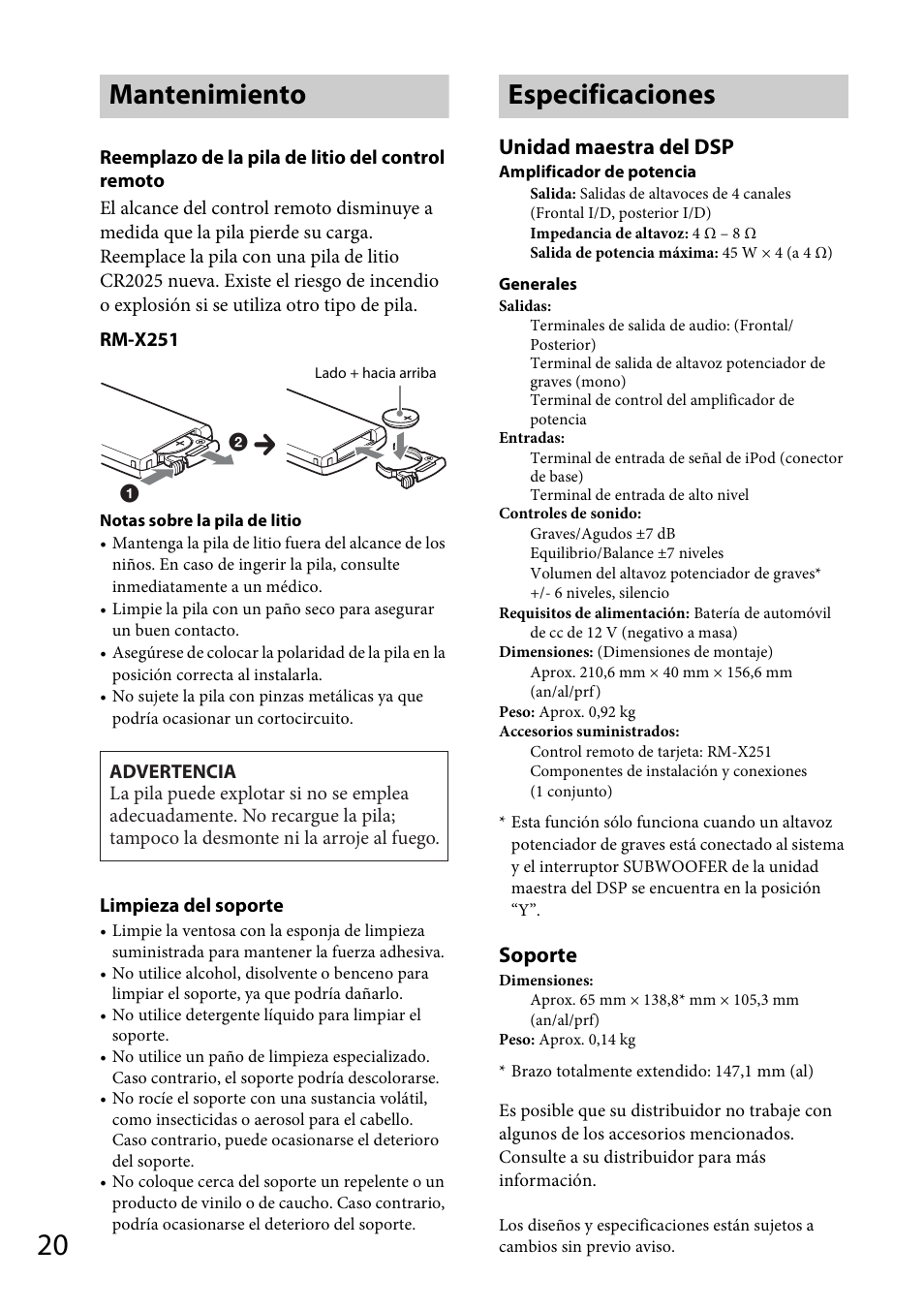 Mantenimiento, Especificaciones, Mantenimiento especificaciones | Unidad maestra del dsp, Soporte | Sony XDP-MU110 User Manual | Page 40 / 44