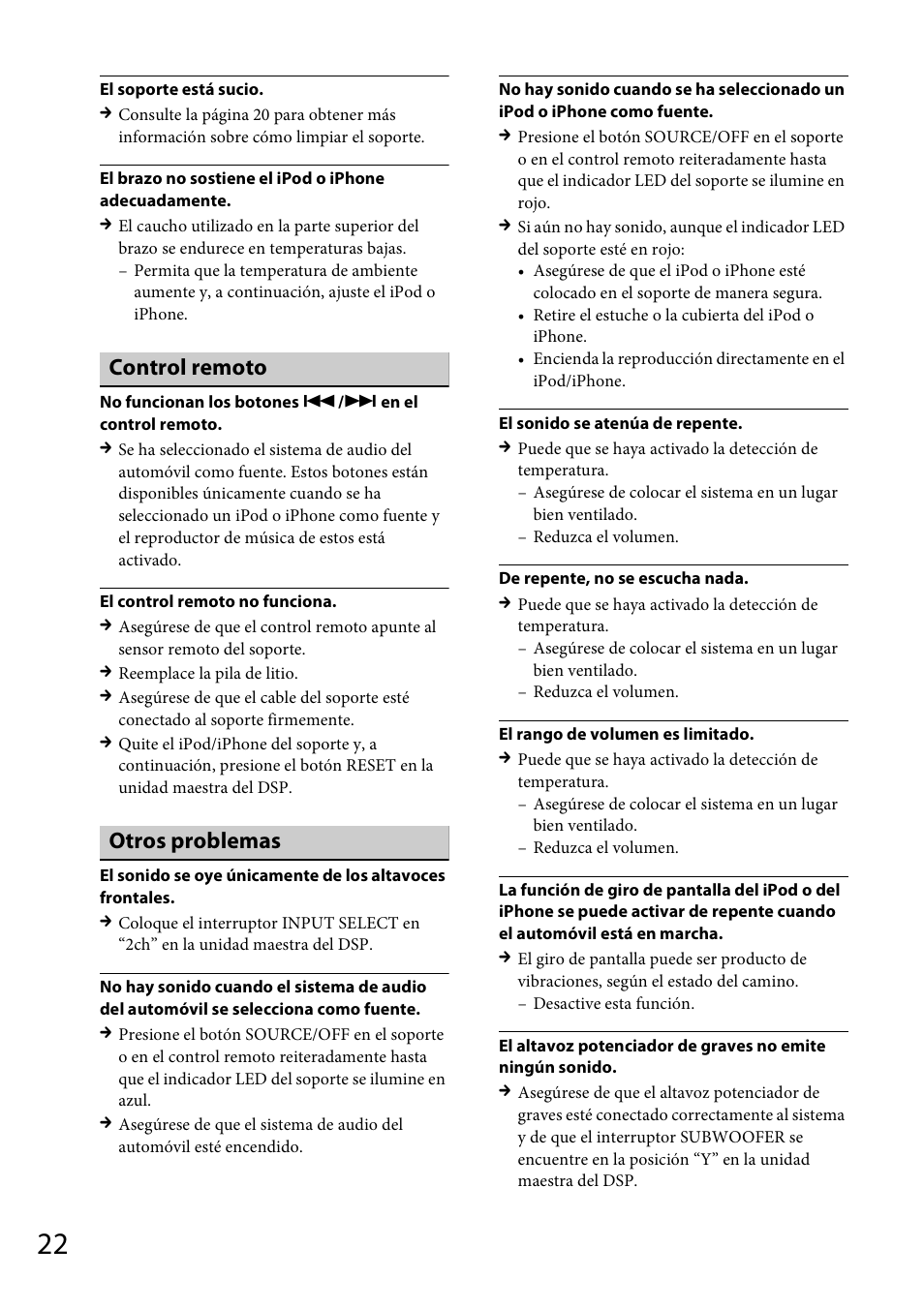 Control remoto, Otros problemas | Sony XDP-MU110 User Manual | Page 42 / 44