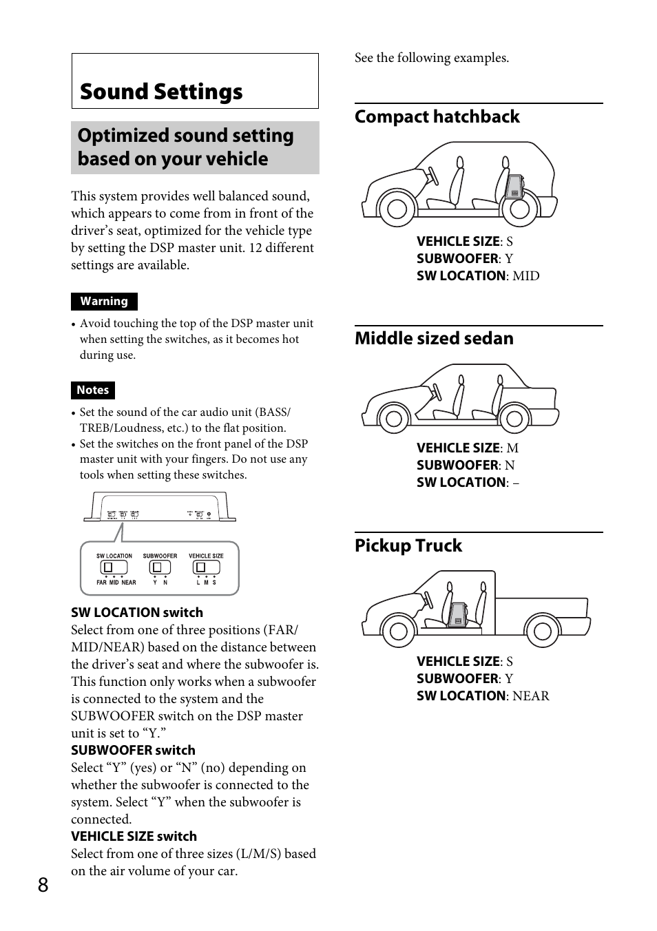 Sound settings, Optimized sound setting based on your vehicle, Compact hatchback middle sized sedan pickup truck | Sony XDP-MU110 User Manual | Page 8 / 44