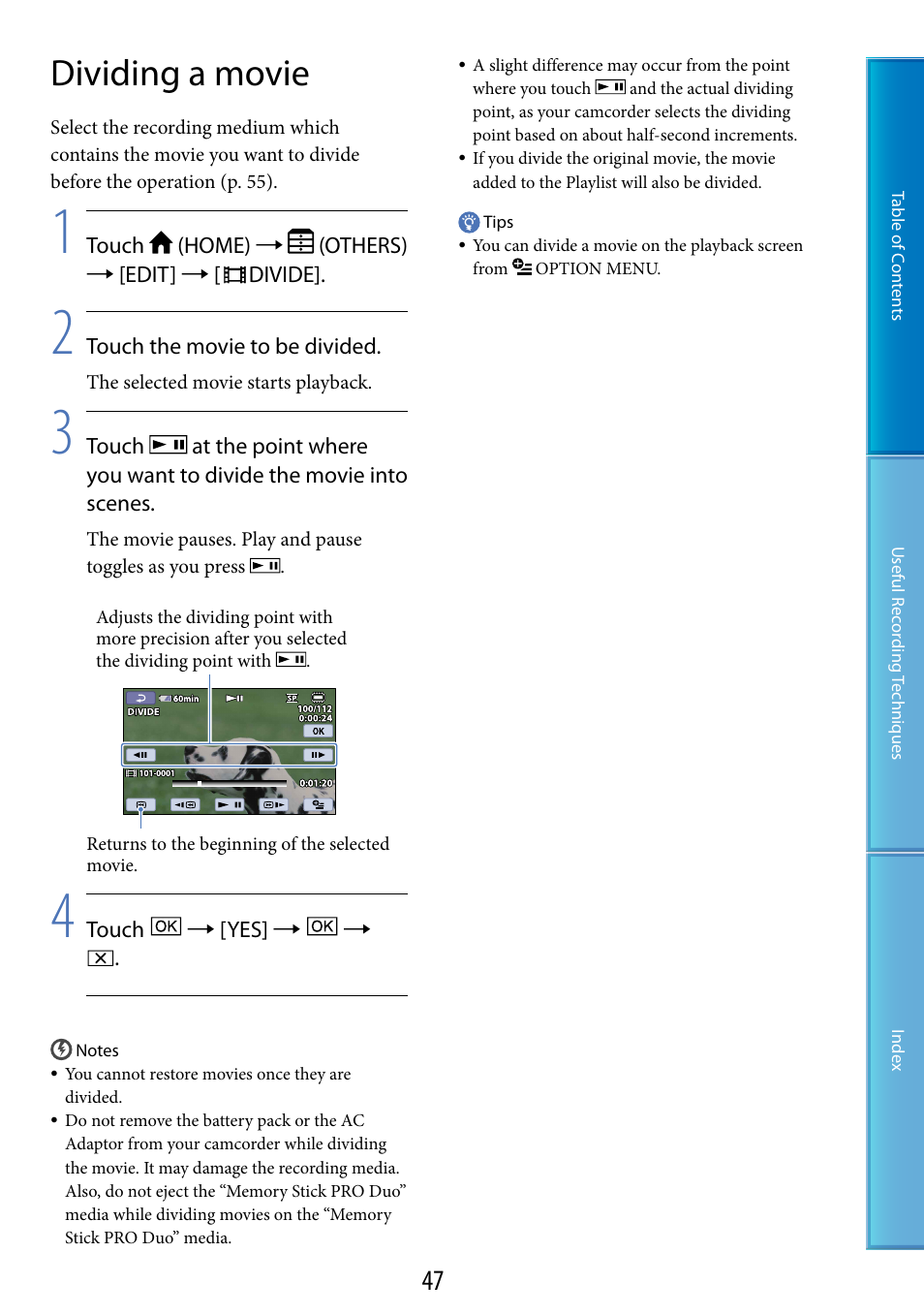 Dividing a movie | Sony DCR-SX60 User Manual | Page 47 / 101