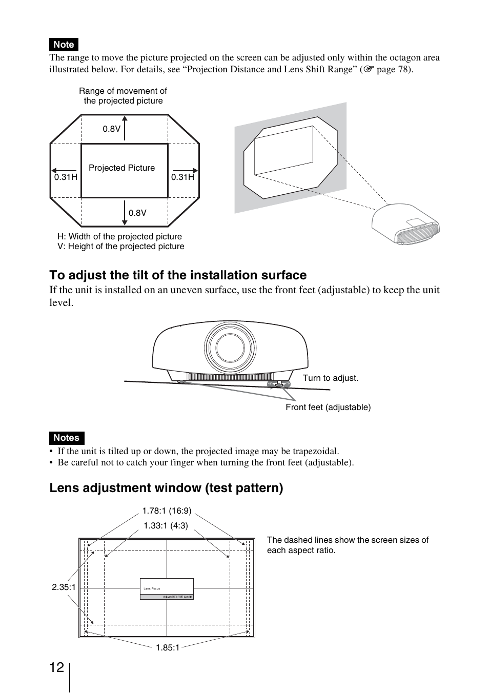 Lens adjustment window (test pattern) | Sony VPL-VW1100ES User Manual | Page 12 / 87