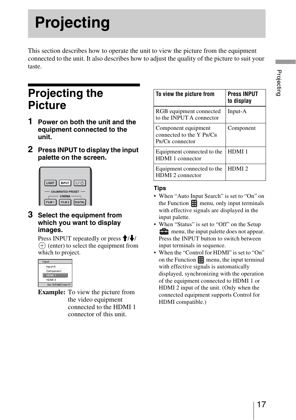 Projecting, Projecting the picture | Sony VPL-VW1100ES User Manual | Page 17 / 87