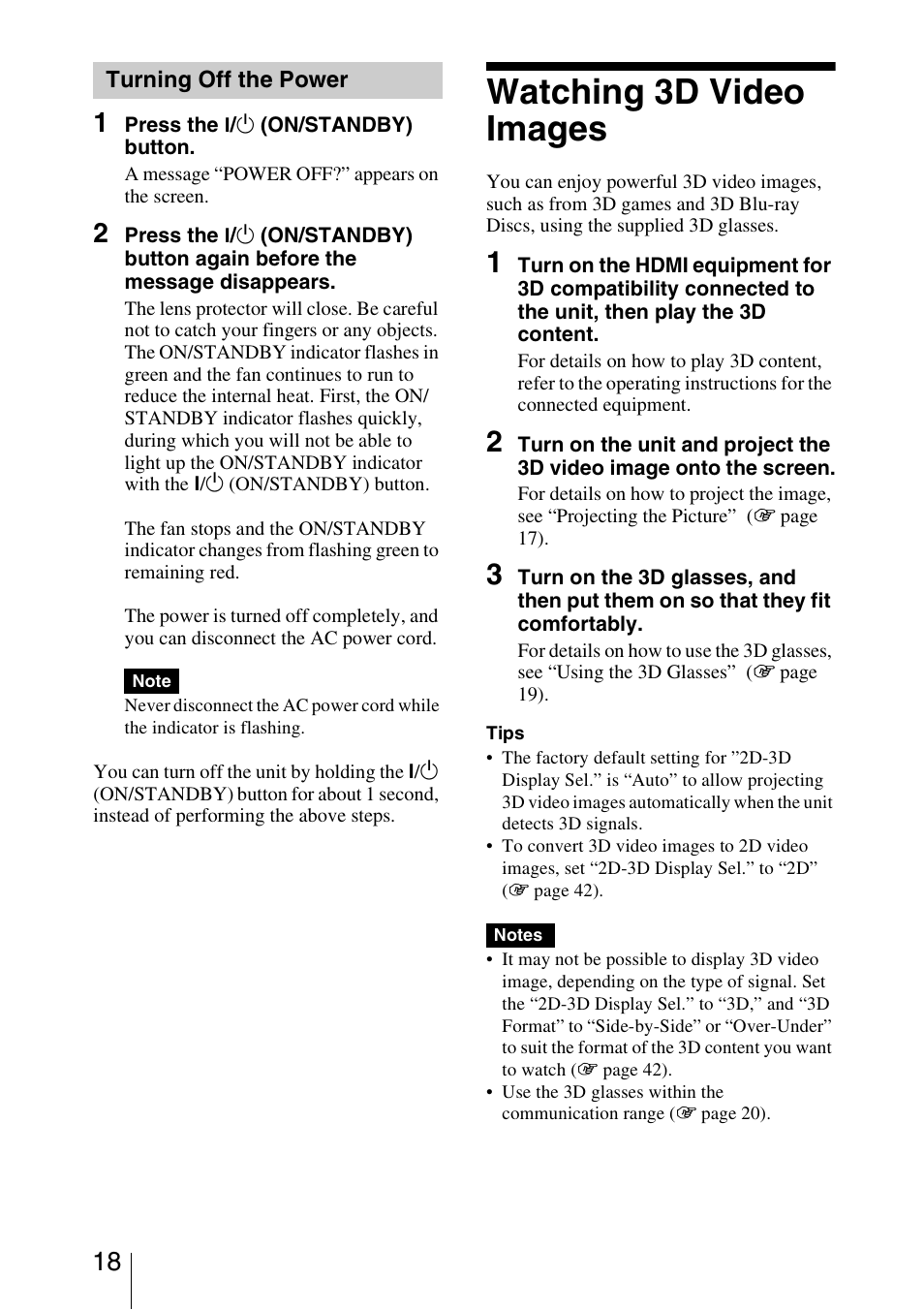 Turning off the power, Watching 3d video images | Sony VPL-VW1100ES User Manual | Page 18 / 87