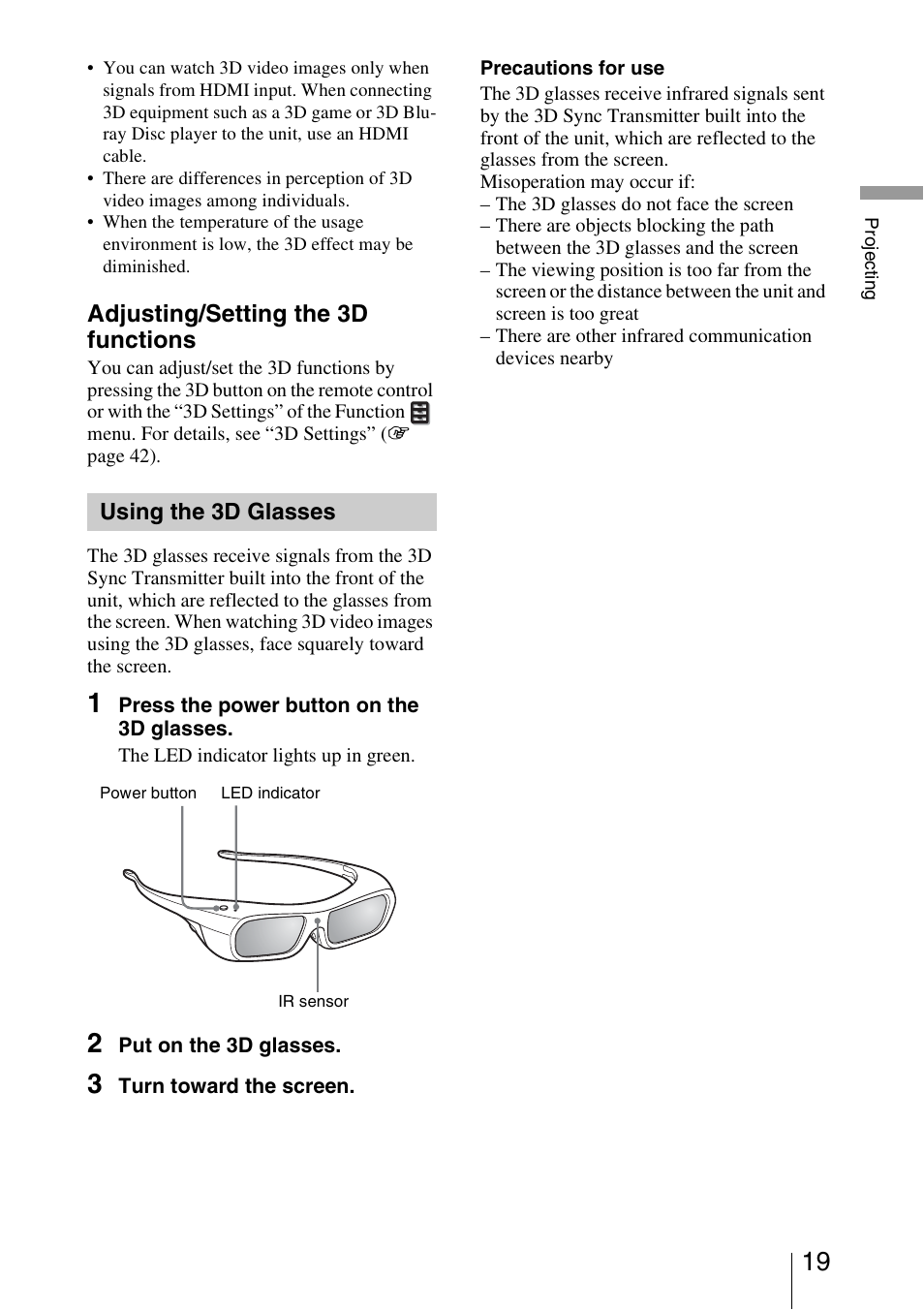 Using the 3d glasses, Ee “using the 3d glasses, Adjusting/setting the 3d functions | Sony VPL-VW1100ES User Manual | Page 19 / 87