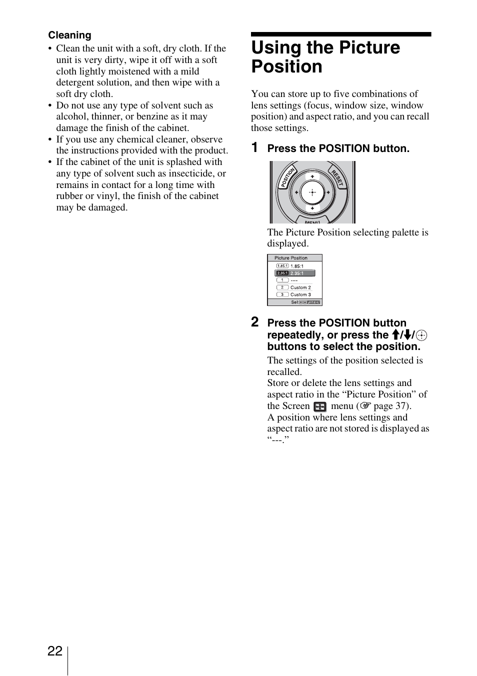 Using the picture position | Sony VPL-VW1100ES User Manual | Page 22 / 87