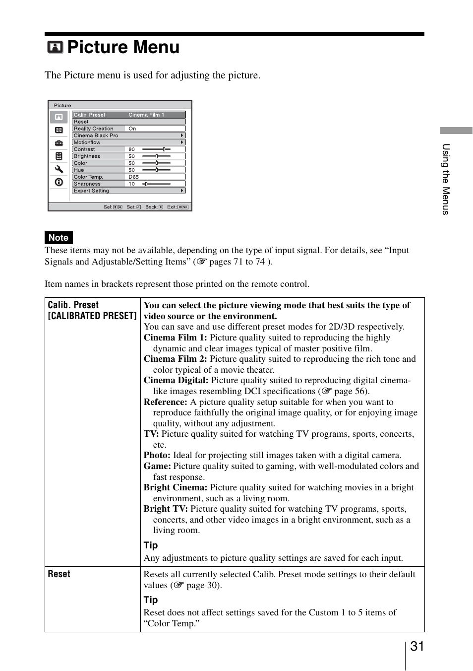 Picture menu | Sony VPL-VW1100ES User Manual | Page 31 / 87