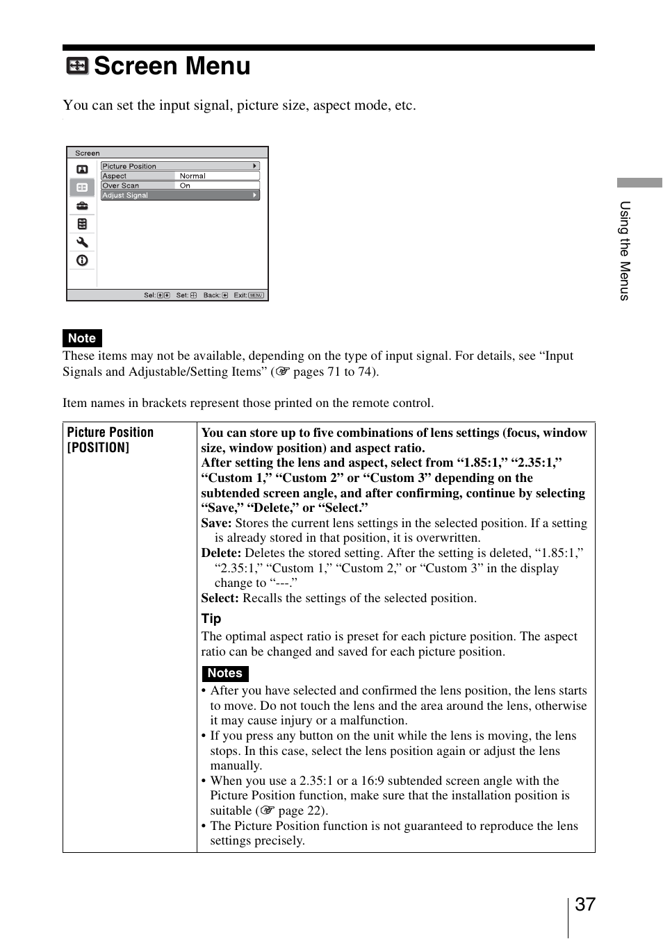 Screen menu | Sony VPL-VW1100ES User Manual | Page 37 / 87