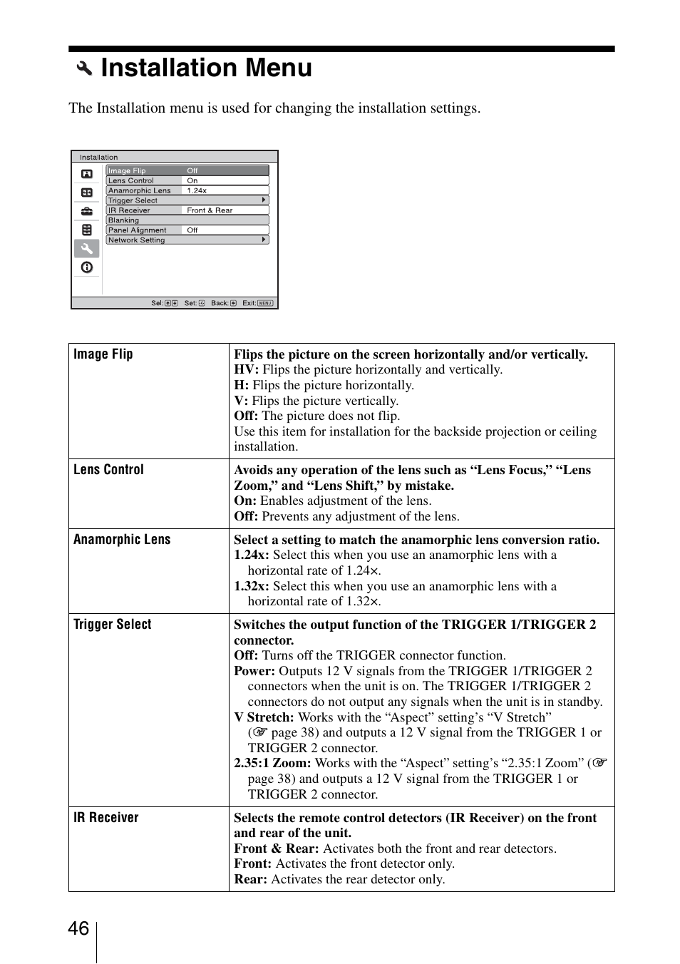 Installation menu | Sony VPL-VW1100ES User Manual | Page 46 / 87