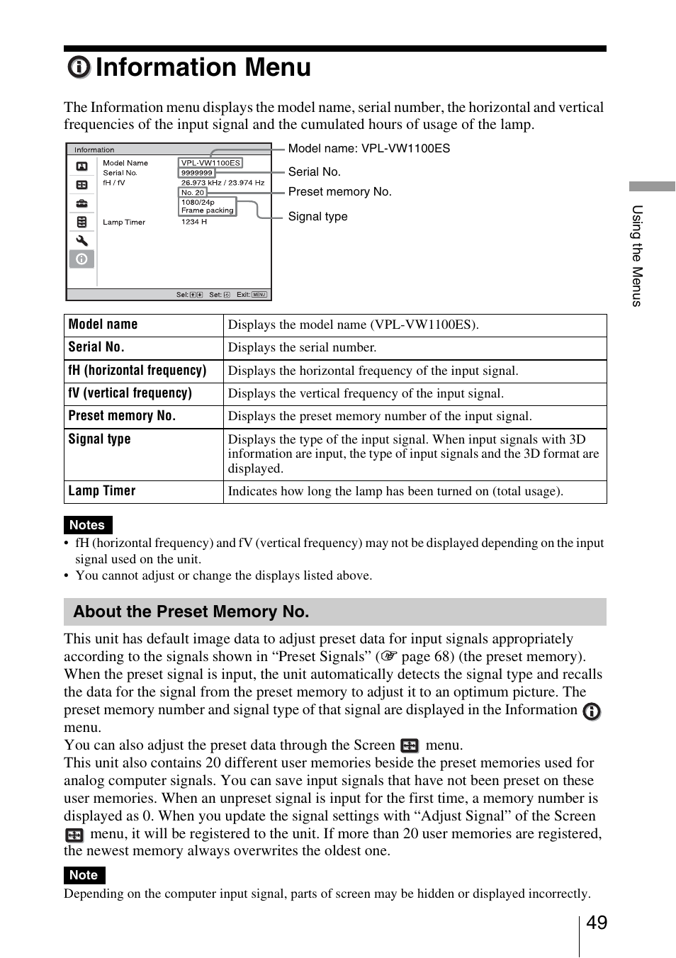 Information menu, About the preset memory no | Sony VPL-VW1100ES User Manual | Page 49 / 87