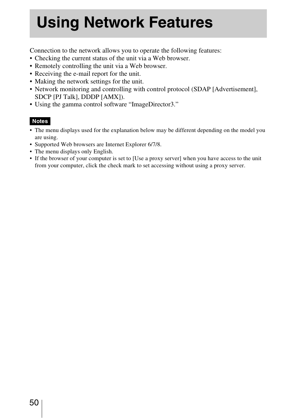 Using network features | Sony VPL-VW1100ES User Manual | Page 50 / 87