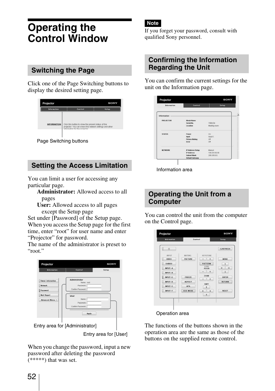 Operating the control window, Setting the access limitation, Confirming the information regarding the unit | Operating the unit from a computer | Sony VPL-VW1100ES User Manual | Page 52 / 87