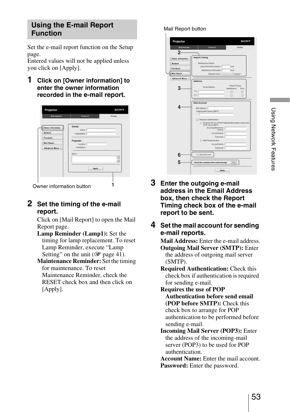 Using the e-mail report function | Sony VPL-VW1100ES User Manual | Page 53 / 87