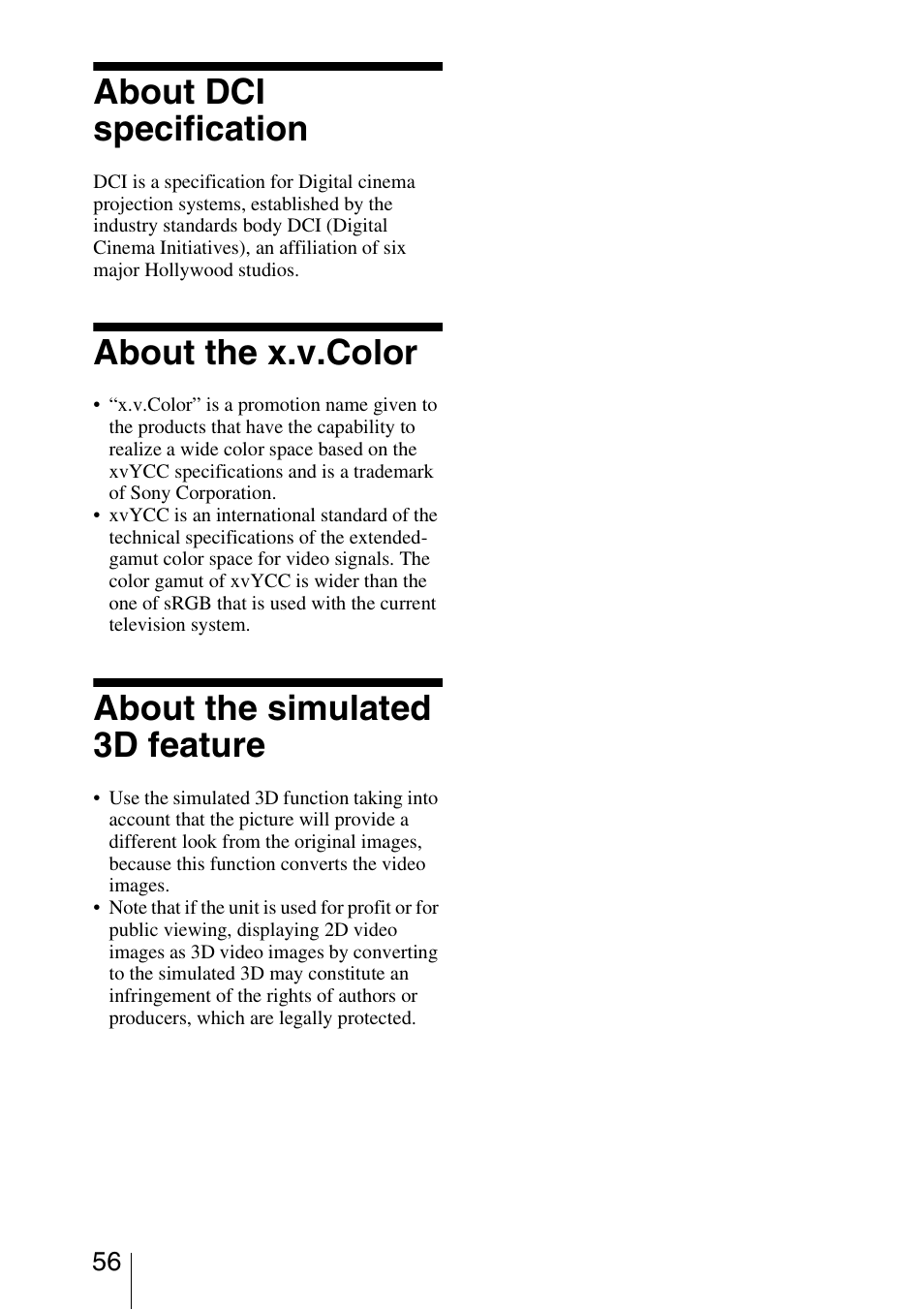 About dci specification, About the x.v.color, About the simulated 3d feature | Sony VPL-VW1100ES User Manual | Page 56 / 87