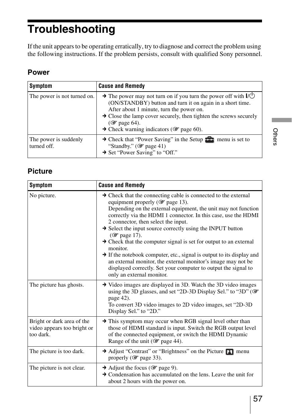 Troubleshooting, Power picture | Sony VPL-VW1100ES User Manual | Page 57 / 87