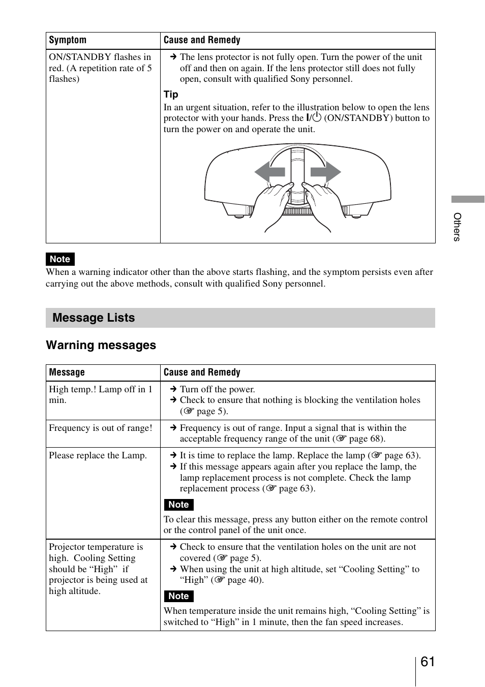 Message lists, Warning messages | Sony VPL-VW1100ES User Manual | Page 61 / 87