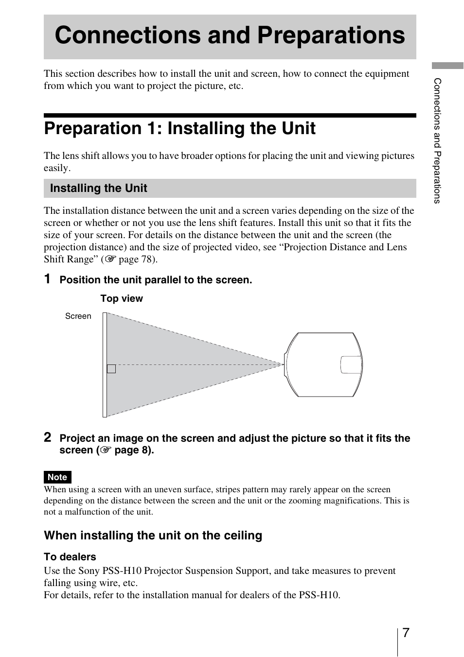 Connections and preparations, Preparation 1: installing the unit, Installing the unit | Sony VPL-VW1100ES User Manual | Page 7 / 87