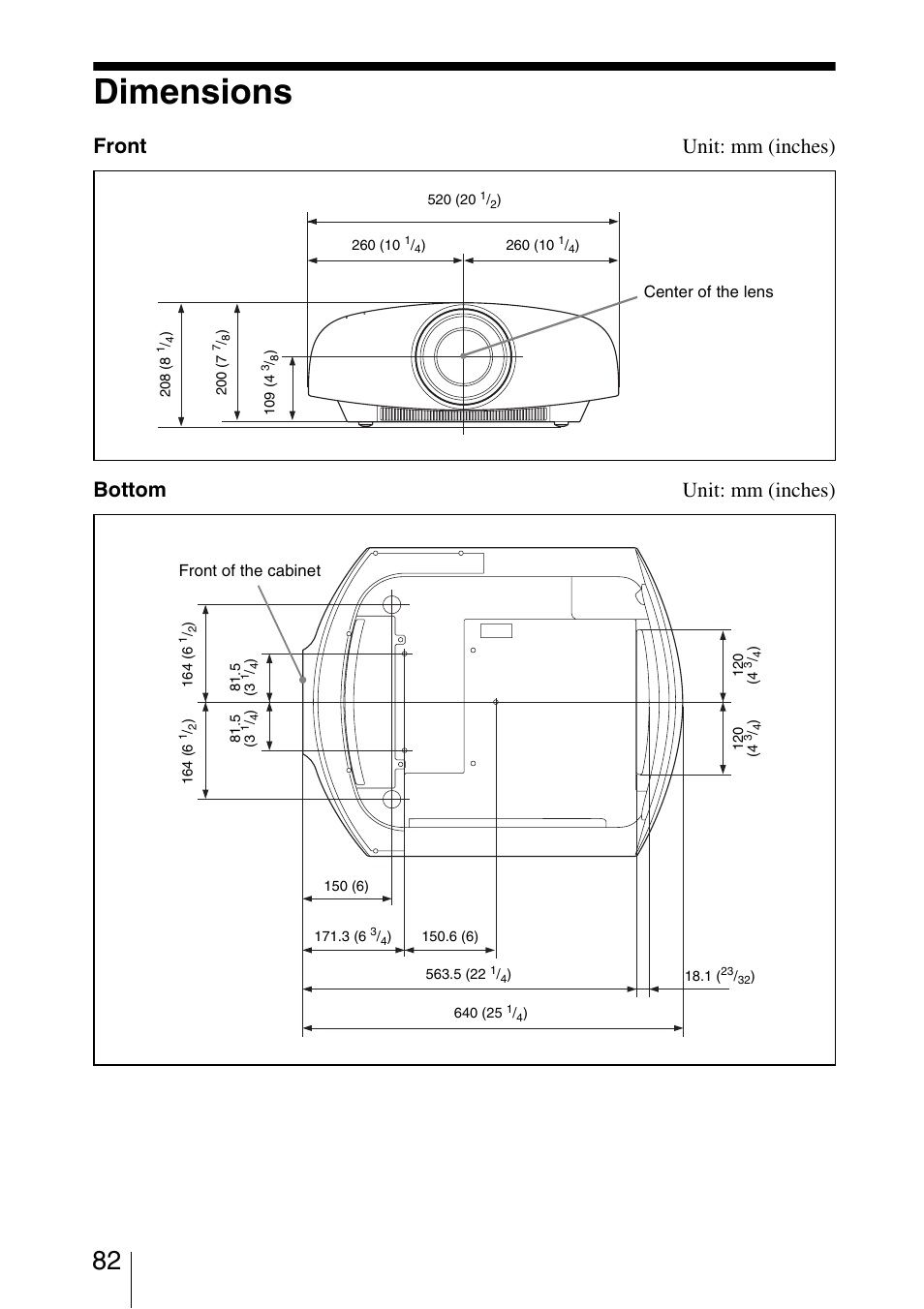 Dimensions, Front unit: mm (inches) bottom unit: mm (inches) | Sony VPL-VW1100ES User Manual | Page 82 / 87