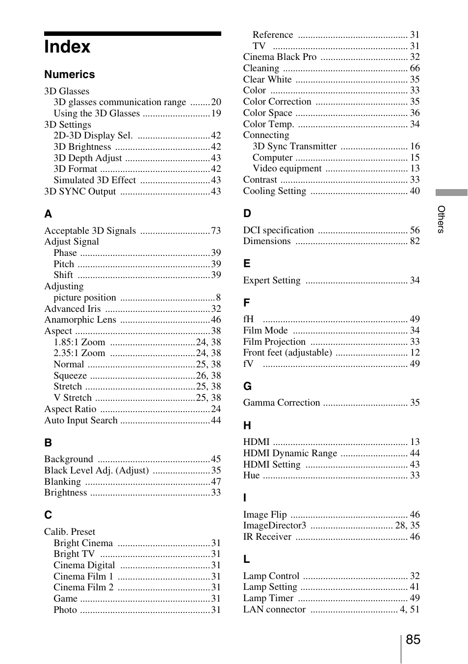 Index | Sony VPL-VW1100ES User Manual | Page 85 / 87