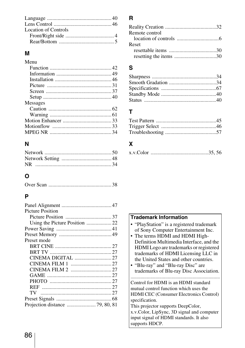 Sony VPL-VW1100ES User Manual | Page 86 / 87