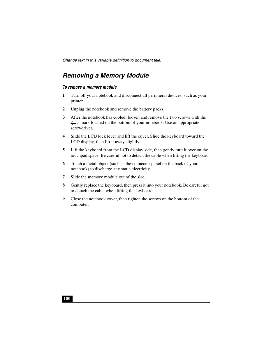 Removing a memory module | Sony PCG-R505DSK User Manual | Page 100 / 229