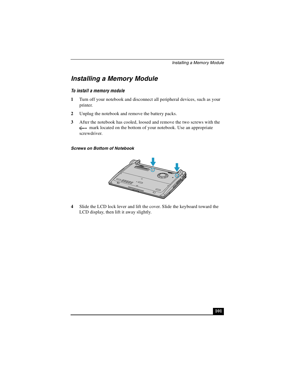 Installing a memory module | Sony PCG-R505DSK User Manual | Page 101 / 229