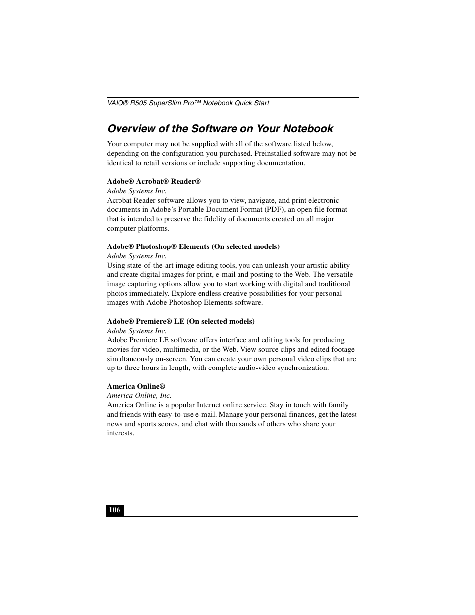 Overview of the software on your notebook | Sony PCG-R505DSK User Manual | Page 106 / 229