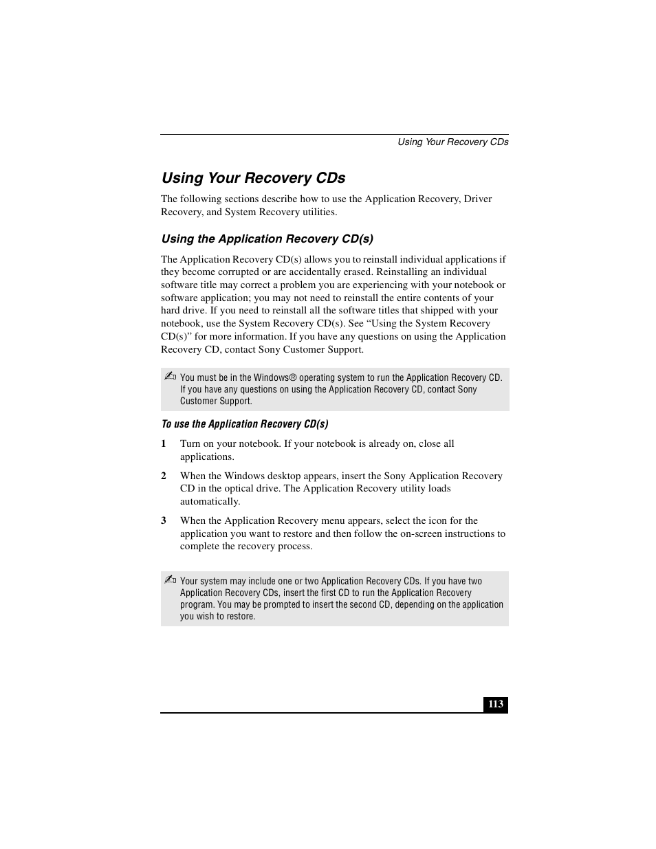 Using your recovery cds, Using the application recovery cd(s) | Sony PCG-R505DSK User Manual | Page 113 / 229