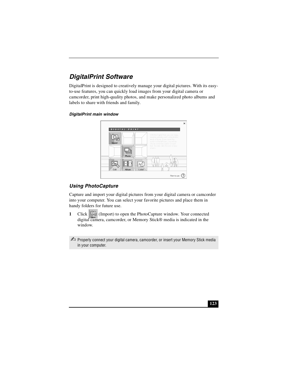 Digitalprint software, Using photocapture | Sony PCG-R505DSK User Manual | Page 123 / 229