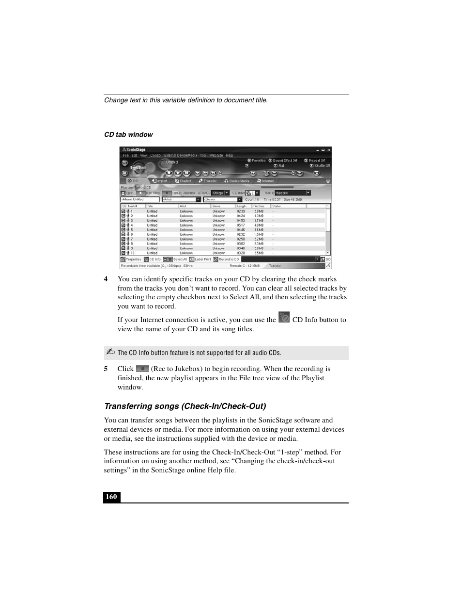 Transferring songs (check-in/check-out) | Sony PCG-R505DSK User Manual | Page 160 / 229