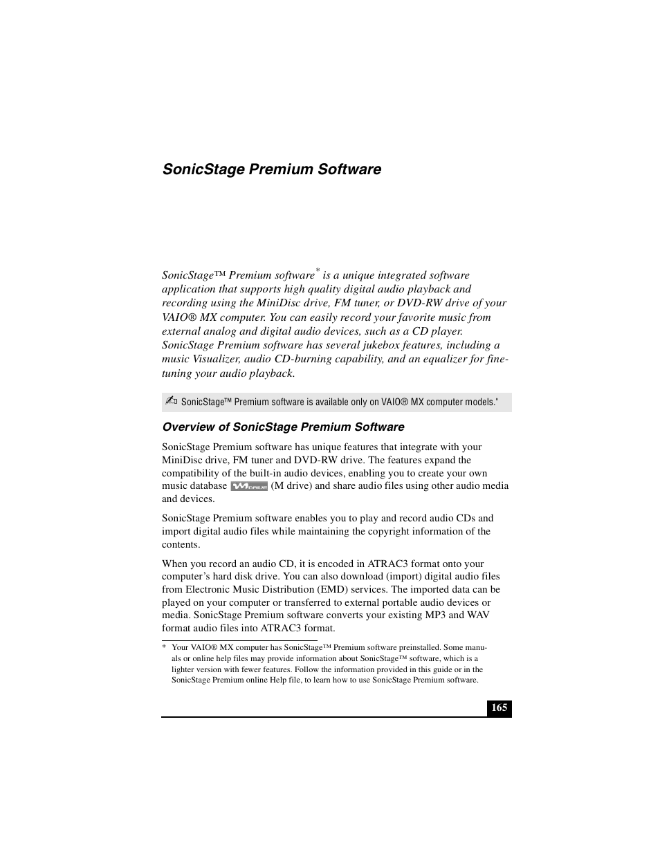 Sonicstage premium software, Overview of sonicstage premium software | Sony PCG-R505DSK User Manual | Page 165 / 229