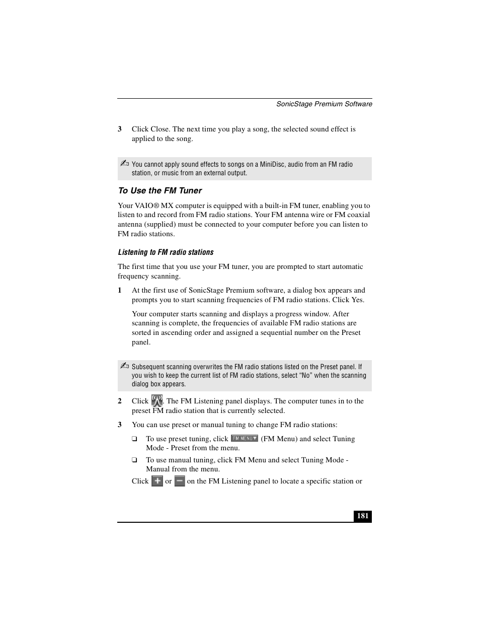 To use the fm tuner | Sony PCG-R505DSK User Manual | Page 181 / 229