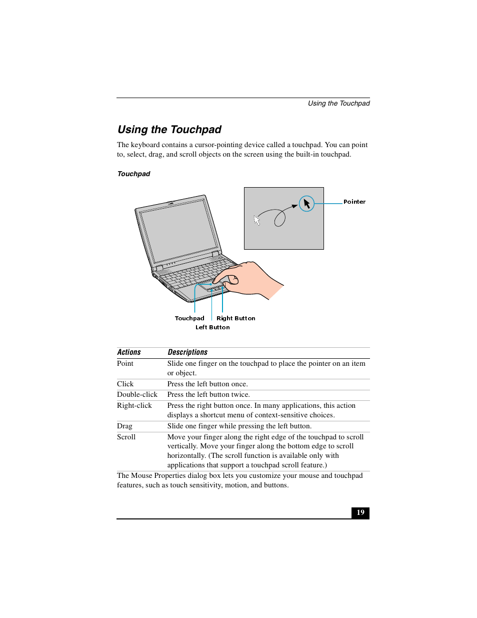 Using the touchpad | Sony PCG-R505DSK User Manual | Page 19 / 229