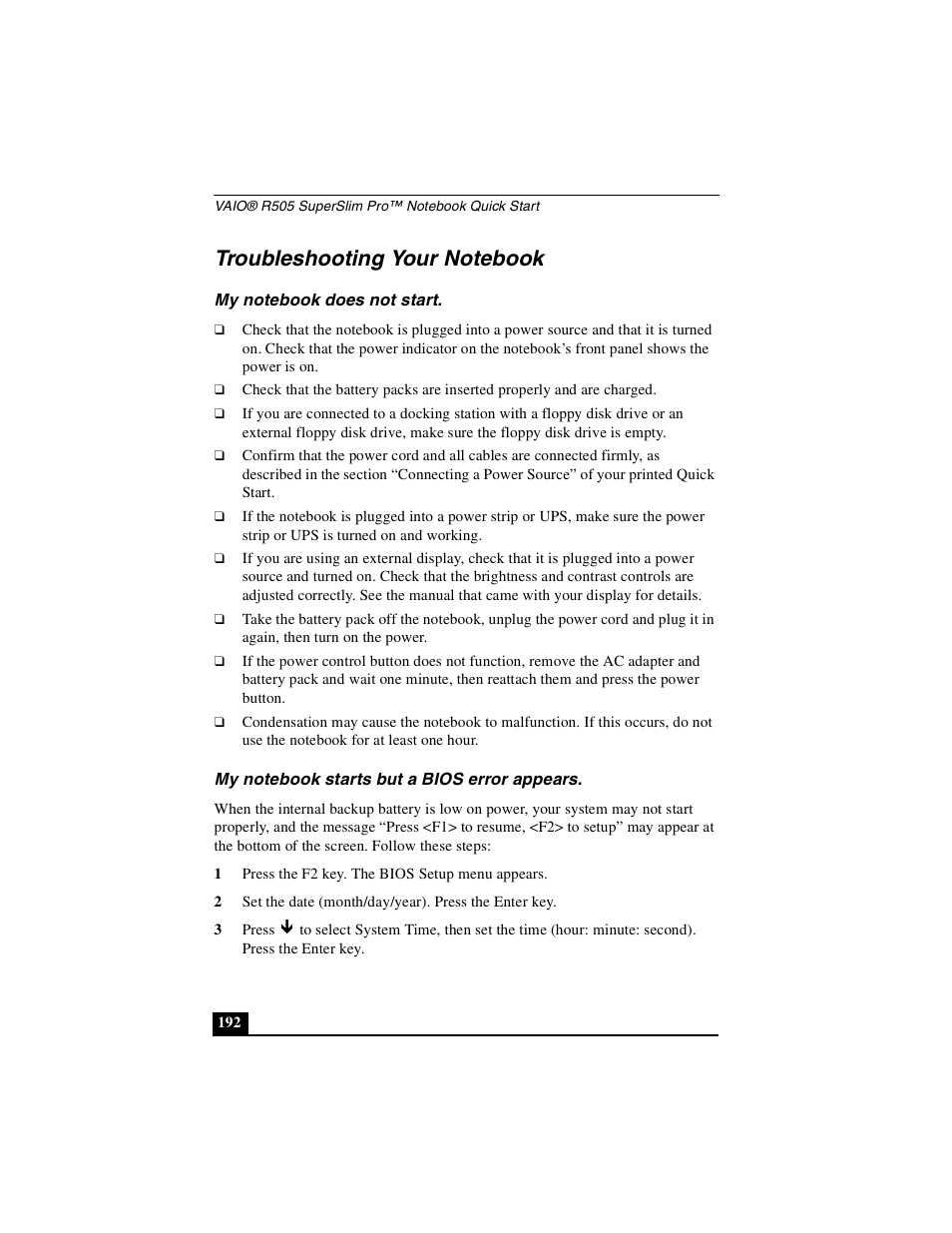 Troubleshooting your notebook, My notebook does not start, My notebook starts but a bios error appears | Sony PCG-R505DSK User Manual | Page 192 / 229