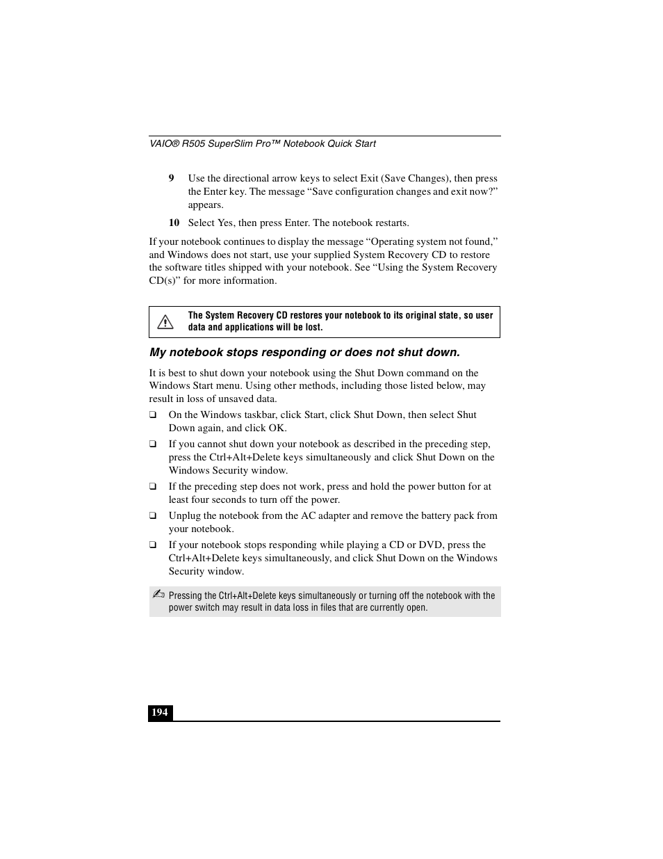 My notebook stops responding or does not shut down | Sony PCG-R505DSK User Manual | Page 194 / 229