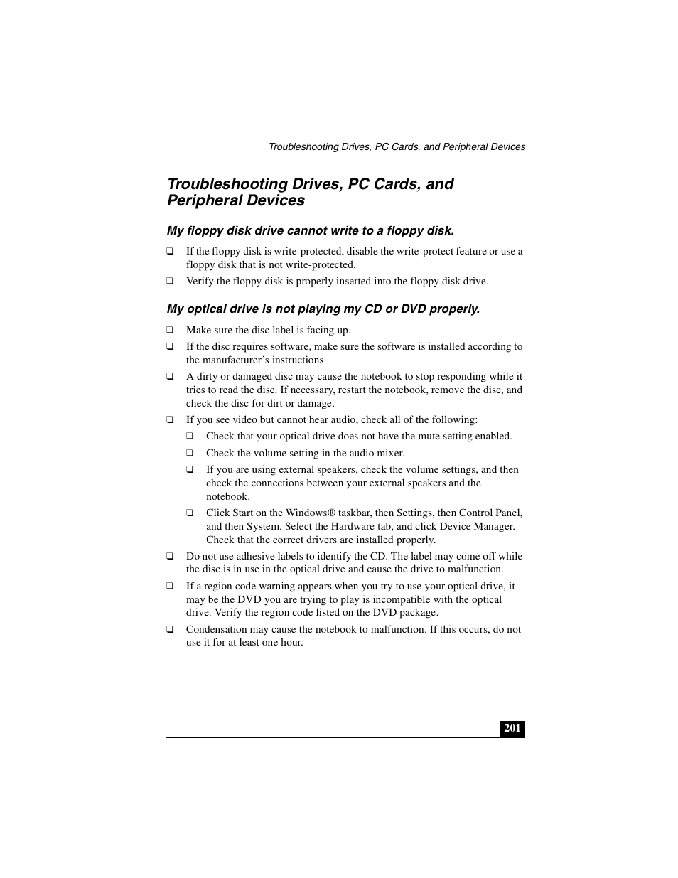 My floppy disk drive cannot write to a floppy disk | Sony PCG-R505DSK User Manual | Page 201 / 229