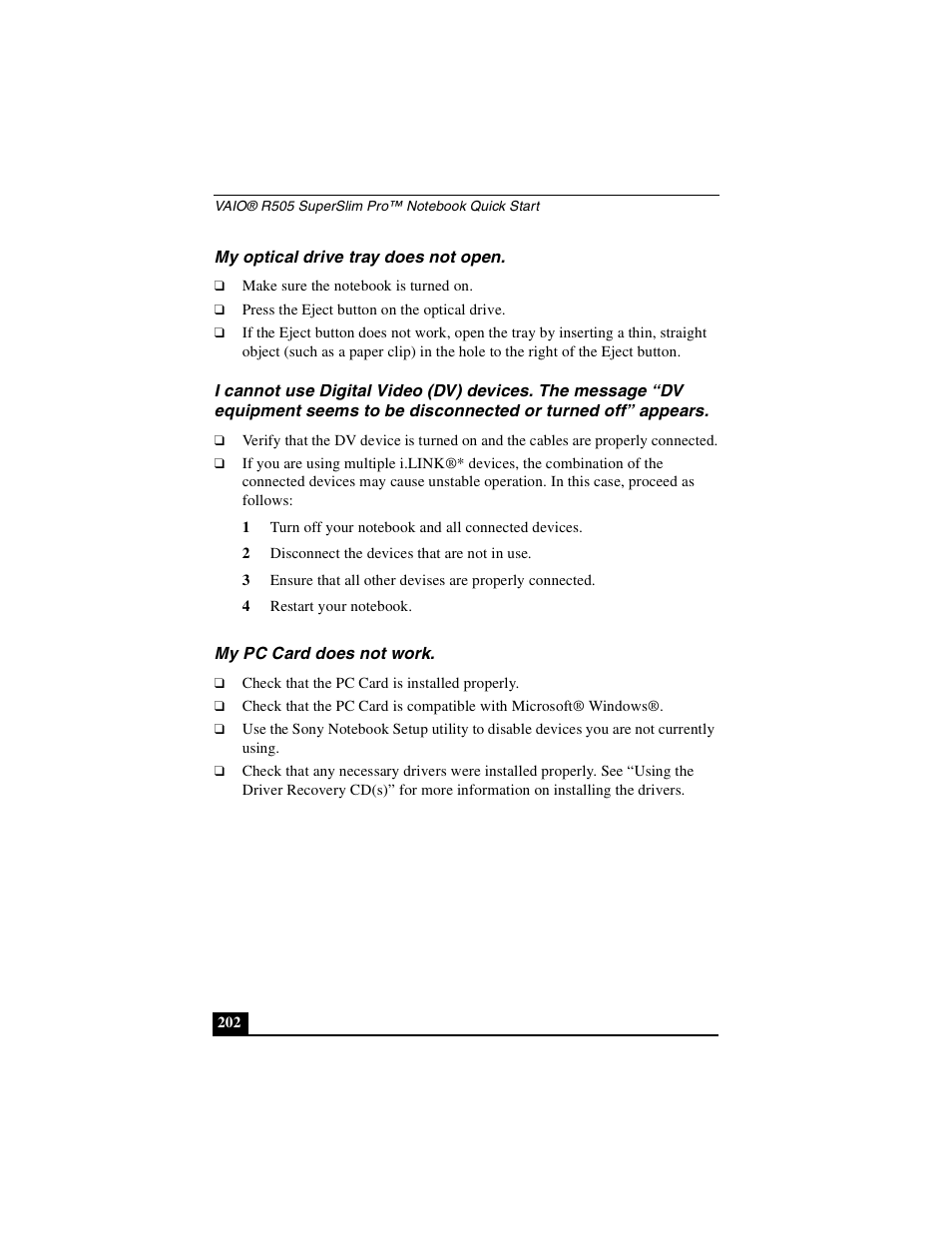 My optical drive tray does not open, My pc card does not work | Sony PCG-R505DSK User Manual | Page 202 / 229