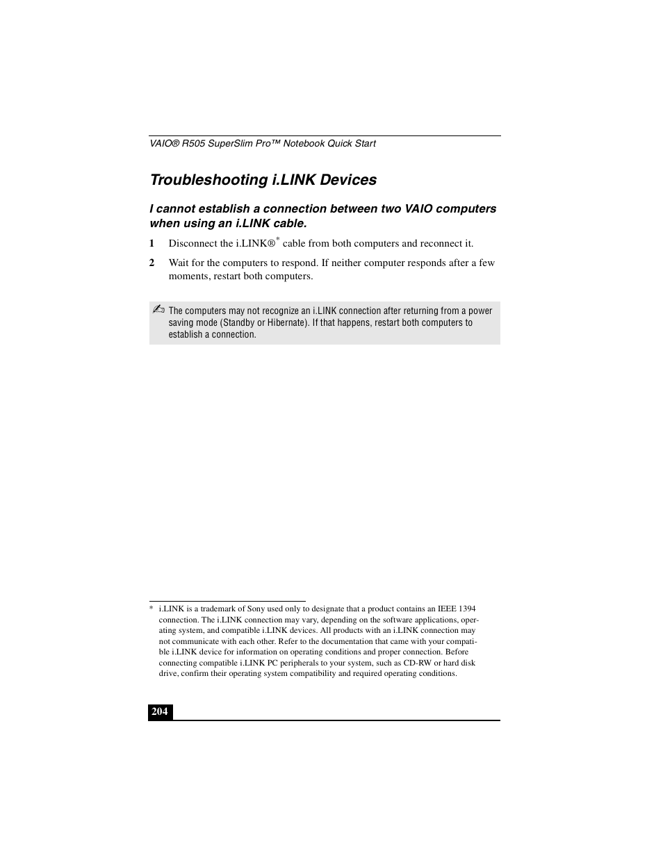 Troubleshooting i.link devices | Sony PCG-R505DSK User Manual | Page 204 / 229