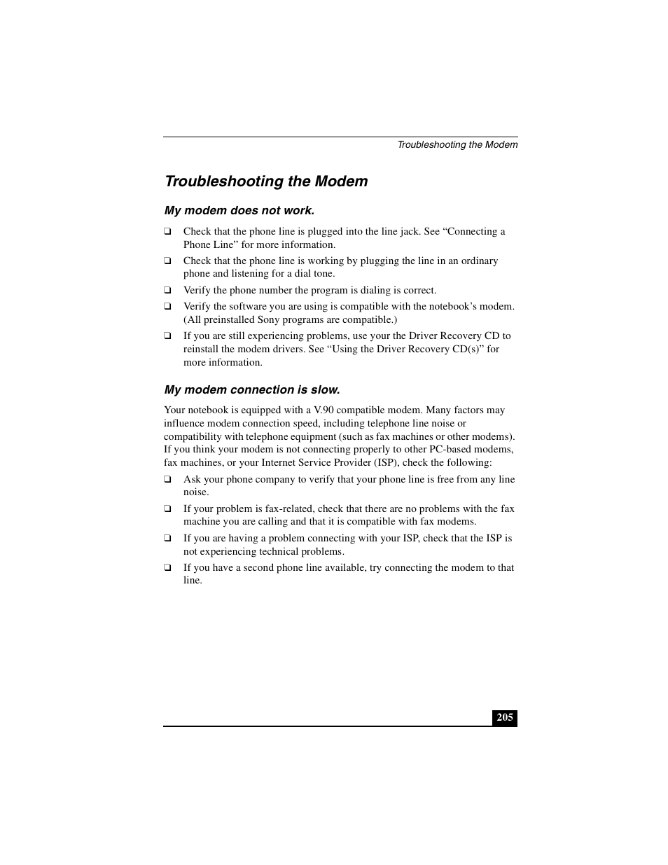 Troubleshooting the modem, My modem does not work, My modem connection is slow | My modem does not work my modem connection is slow | Sony PCG-R505DSK User Manual | Page 205 / 229