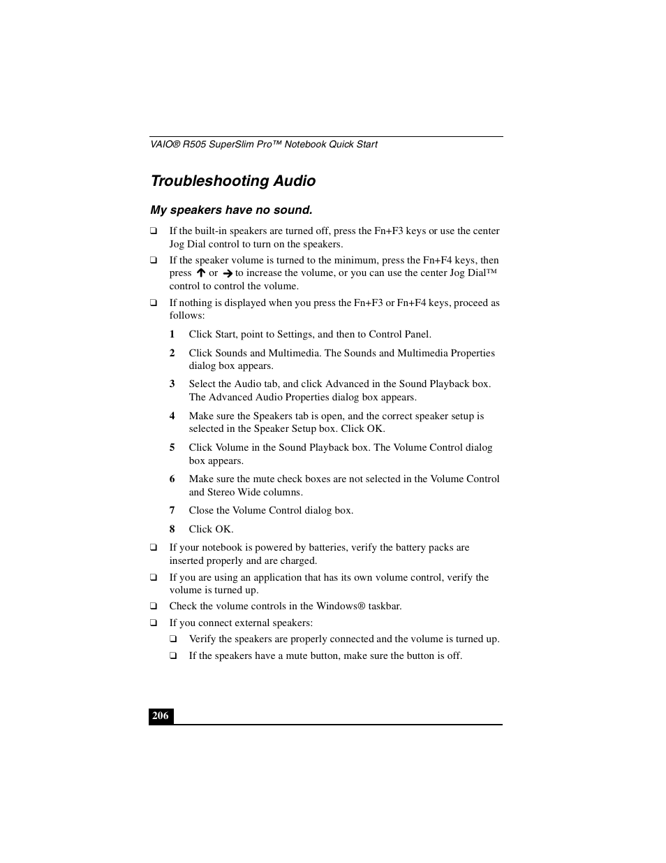 Troubleshooting audio, My speakers have no sound | Sony PCG-R505DSK User Manual | Page 206 / 229