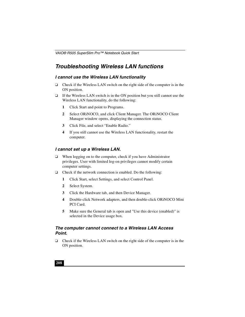 Troubleshooting wireless lan functions, I cannot use the wireless lan functionality, I cannot set up a wireless lan | Sony PCG-R505DSK User Manual | Page 208 / 229