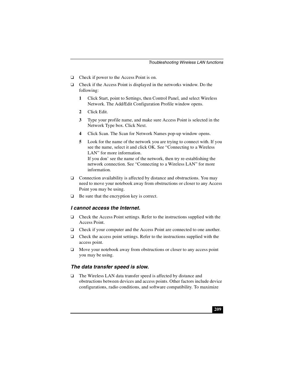 I cannot access the internet, The data transfer speed is slow | Sony PCG-R505DSK User Manual | Page 209 / 229