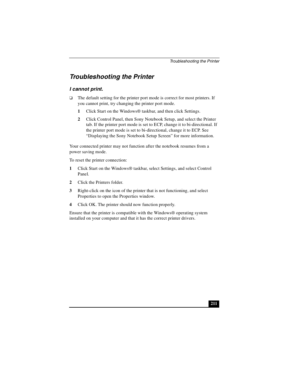 Troubleshooting the printer, I cannot print | Sony PCG-R505DSK User Manual | Page 211 / 229