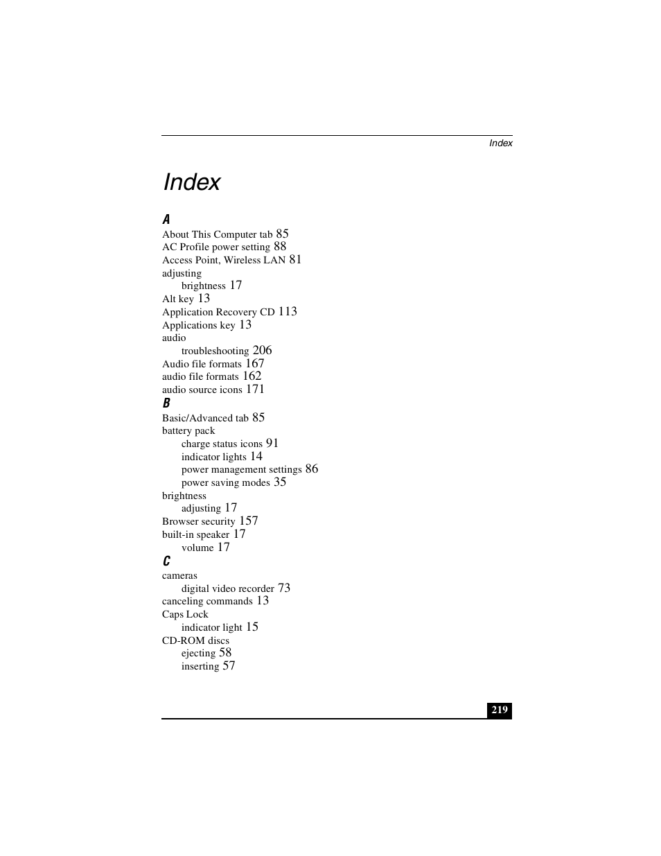 Index | Sony PCG-R505DSK User Manual | Page 219 / 229