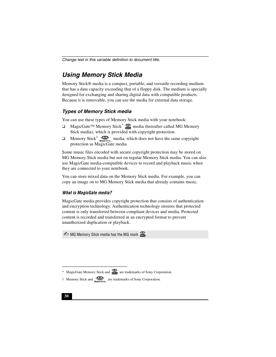 Using memory stick media, Types of memory stick media | Sony PCG-R505DSK User Manual | Page 30 / 229