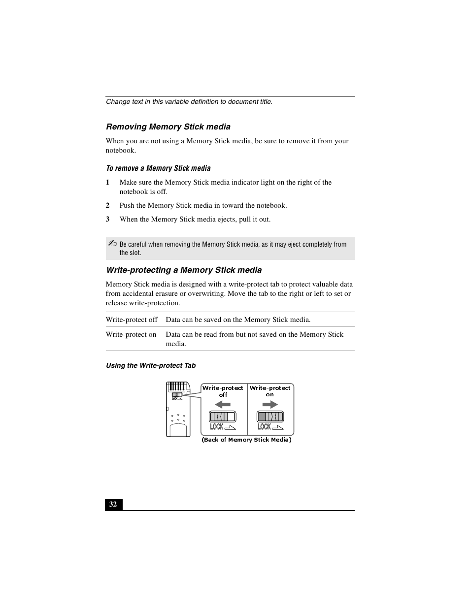 Removing memory stick media, Write-protecting a memory stick media | Sony PCG-R505DSK User Manual | Page 32 / 229